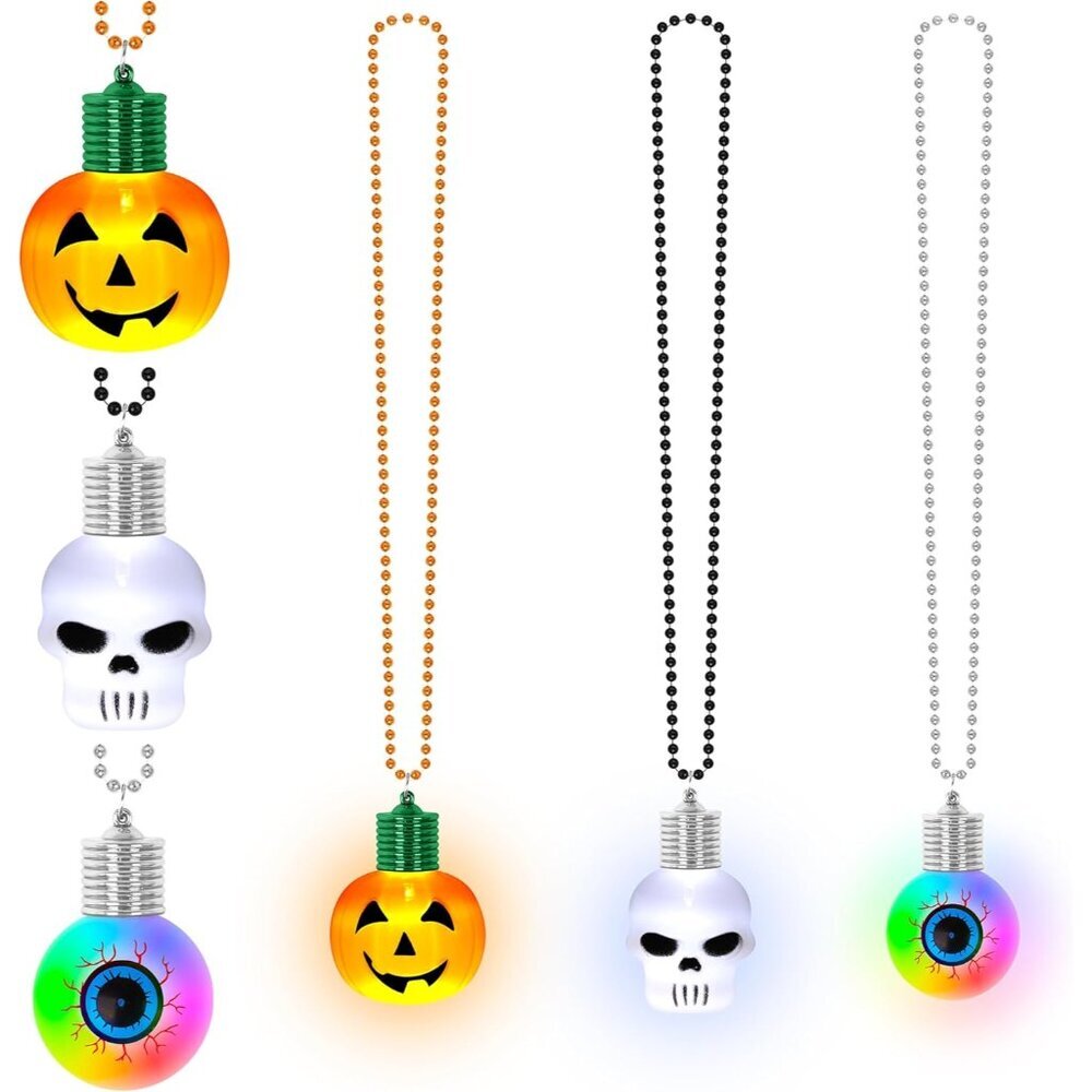 3PCS Necklace Party Favors, Light up Skulls Pumpkins Necklaces, Glow in Dark Nec